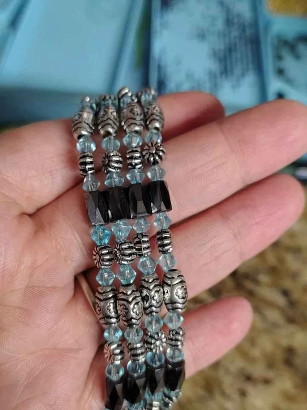 Multi-Strand Blue and Silver Beaded Stretch Bracelet